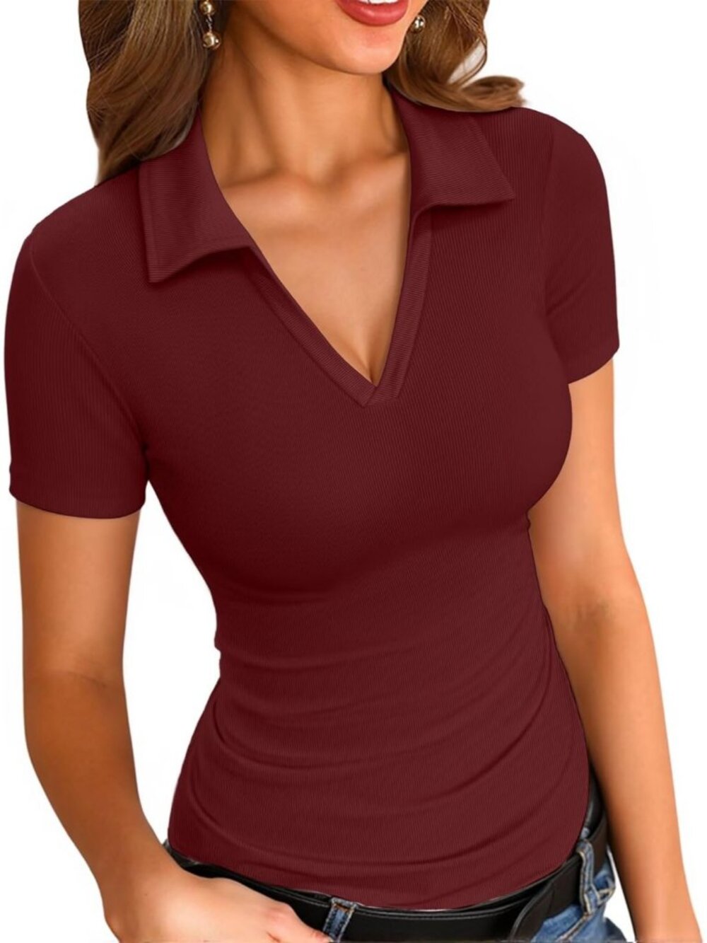 Women Wine Red V Neck Short Sleeve Polo Shirt Slim Fitted Trendy Tight Knit Top